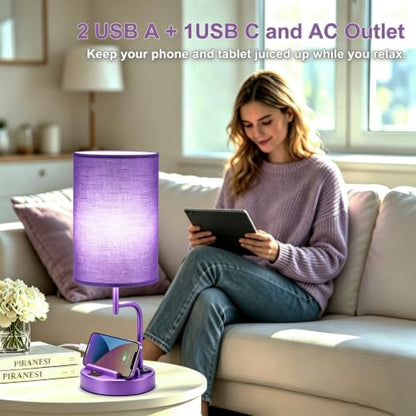 Dreamholder 2 Pack Table Lamp, Bedside Lamp with 3 USB Charging Ports & AC Outlet, USB Desk Lamp with 2 Phone Holders, Linen Fabric Shade Nightstand Lamps for Bedroom Living Room Office, Purple - color: Purple
