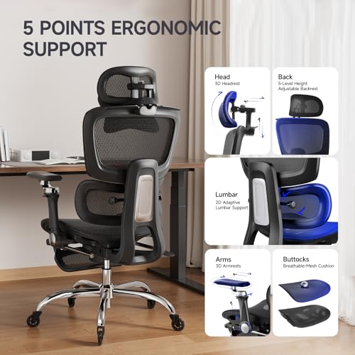 Office Chair with Footrest, Ergonomic Chair with 3D Headrest, Computer Chair with Adjustable Backrest & 6D Armrest, Gaming Chair with Adaptive Lumbar Support, Adjustable Seat Depth, Black - color: Black, style: Plus