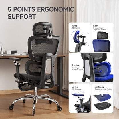 Office Chair with Footrest, Ergonomic Chair with 3D Headrest, Computer Chair with Adjustable Backrest & 6D Armrest, Gaming Chair with Adaptive Lumbar Support, Adjustable Seat Depth, Black - color: Black, style: Plus