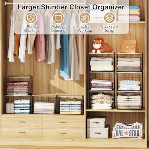 Widened & Heightened Closet Organizers And Storage Shelves With Top Board, Set of 3 Stackable Closet Shelf Organizer Storage Bin Basket For Clothes Sweaters,Space-saving, Sturdy,Wider Higher Size