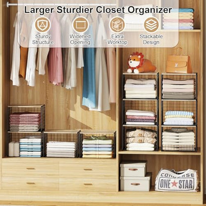 Widened & Heightened Closet Organizers And Storage Shelves With Top Board, Set of 3 Stackable Closet Shelf Organizer Storage Bin Basket For Clothes Sweaters,Space-saving, Sturdy,Wider Higher Size