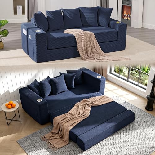 76" Convertible Sofa Bed, Corduroy Boneless Couch with Cup Holders & Pocket | 2-in-1 Sleeper Sofa, Pull-out Couch Bed with 5 Pillows, Living Room, Small Spaces, Bedroom, No Assembly - color: 76" Blue