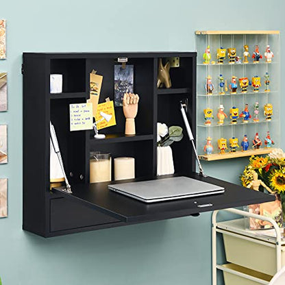 Tangkula Pneumatic Floating Desk - Wall Mounted Laptop Desk with Magnetic Foldable Tabletop, Space Saving Table with Storage Drawer and Shelves (Black) - color: Black