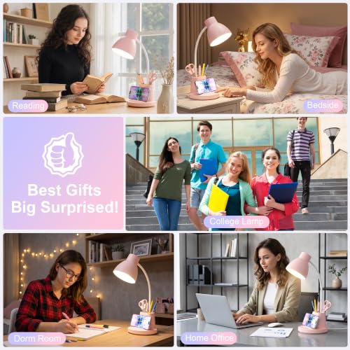 10W Wireless Charging LED Desk Lamp with Pen Holder, CRI 95, Pink | 800LM, 3 Modes, 360°Flexible Arm, Touch, Brightness, Table Lamp for Home Office, Dorm, Bedside, Study, Reading, with Adapter - color: Pink