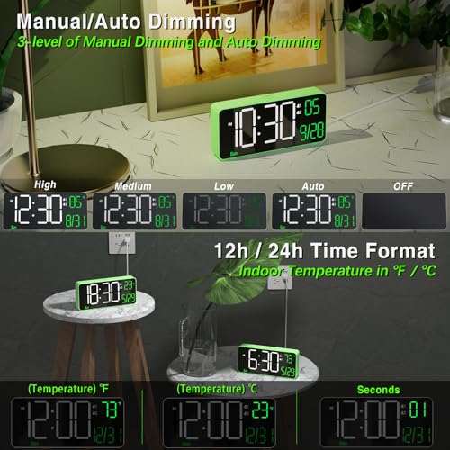 Digital Clock for Bedroom, 6.7in Desk Clock, Auto Dimming, Room Temperature, Day of The Week, Date, Seconds, Clocks for Living Room, Alarm Clocks for Bedrooms - color: Green (White + Green Digits)