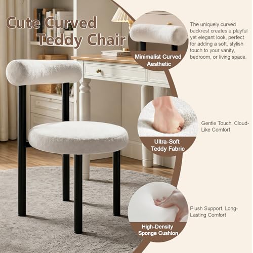 Cute Small Armless Desk Chair, Ergonomic Comfy Vanity Chairs Lumbar Support with Back for Makeup, Teddy Fabric Computer Desk Chair for Home, Bedroom, Vanity, Teens, Adults - color: Black and White