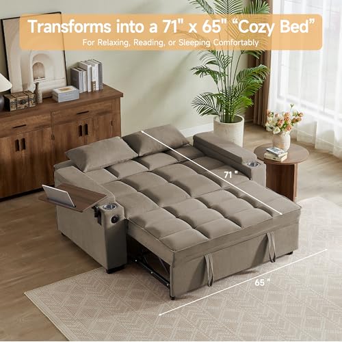 65" 3-in-1 Sofa Bed, Pull Out Sleeper Sofa with 360° Swivel Side Table, Storage Armrests, Cup Holders & USB Charging Ports, Chenille Convertible Couch for Living Room - color: 1007-khaki-