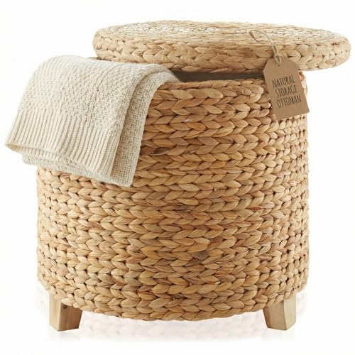 DEILSY™ Round Ottoman with Storage Water Hyacinth Wicker Ottoman with Lid | Handwoven round storage ottoman, wicker ottoman with lid, ideal as extra seating, blanket storage and home organization