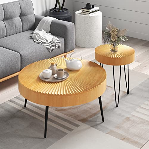 Giantex Boho Round Coffee Table Set of 2, Sofa Side Nesting Table with Solid Pine Wood Top, Metal Legs & Adjustable Foot Pads, 31.5" D Large Table Set for Living Room (Radial Pattern, Natural) - color: Natural, style: Radial Pattern