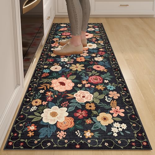 DUKINO 2x6 Runner Rug for Hallway, Washable Runner Rug Non Slip, Black | Low Pile, Soft, Floral Indoor Rug for Kitchen, Entryway, Bedroom, Laundry, Bathroom, Pet Friendly, Lightweight, Home Decor - color: Black, size: 2' x 6' (Rectangular)