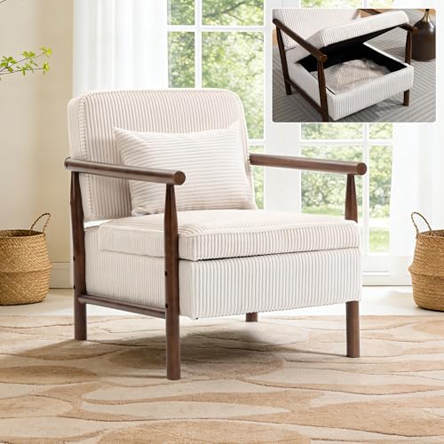 Accent Chair, Comfy Modern Lounge Reading Arm Chair with Storage | Corduroy Upholstered Lounge Arm Chair with Solid Wood Reading for Living Room/Balcony/Bedroom-White - color: Storage-corduroy-white