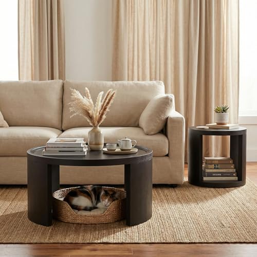 Round Nesting Coffee Table Set of 2, 31.5 and 18 in, Black | Round coffee table set, nesting tables for living room, use separately, space-saving design - color: Black