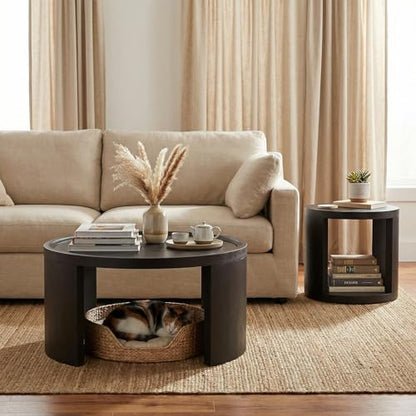 Round Nesting Coffee Table Set of 2, 31.5 and 18 in, Black | Round coffee table set, nesting tables for living room, use separately, space-saving design - color: Black