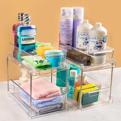 4Pack 2-Tier Bathroom Storage Organizer, Clear Under Sink Organizers Kitchen Vanity Counter Storage Container, Medicine Cabinet Drawers Bins, Pull-Out Organization with Track for Pantry
