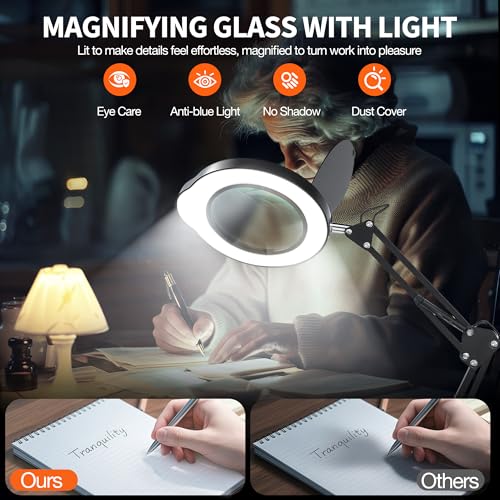 KimFilter 10X Magnifying Glass with Light and Stand | Dust Cover Design, 5 Color Temp Modes Dimmable LED Magnifying Lamp with Swing Arm | Hands Free Desk Magnifying Light for Crafts, Read & Close Work