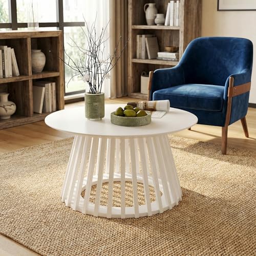 HNY White Round Coffee Table, Wood 31.5" Center Table for Living Room | Modern Mid Century Circle Coffee Table with Fluted Base for Outdoor Patio, Home Small Space, Bedroom, Apartment, Studio - color: White