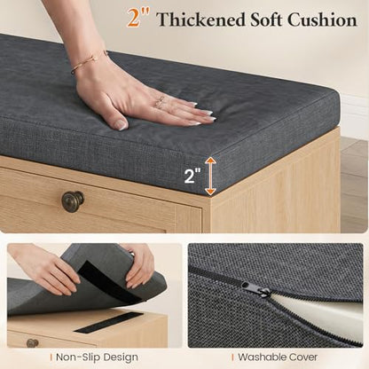 59" Storage Bench with Drawer, 2-Tier Shoe Bench with Doors, Long Entryway Bench, Thickened Cushion, Adjustable Shelf, Recessed Design for Entryway, Bedroom, Living Room, Natural