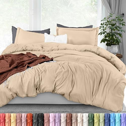 Duvet Cover Full, 3 Piece Cotton Like Polyester With Zipper Closure, Beige | Extra Soft and Breathable, Wrinkle & Fade Resistant, Includes Duvet Cover and 2 Pillow Shams, Comforter Not Included, OekoTex - color: Beige, size: Full - Duvet Cover Set
