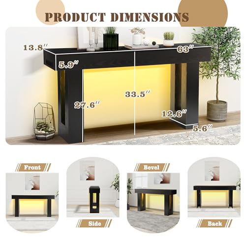 Grepatio Long Console Table with LED Light, 63 Inch Wood Entryway Table with USB Power Outlet, Narrow Sofa Behind Couch Table, Farmhouse Entry Tables for Entryway, Hallway, Living Room (LED Black) - color: Led Black