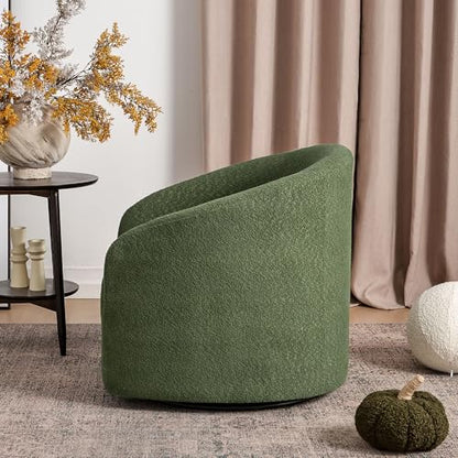 KINWELL 32" Wide Modern Boucle Swivel Barrel Chair, No Assembly Round Upholstered Swivel Accent Armchair for Living Room, Bedroom, Office (Green) - color: Green, style: Set of 1