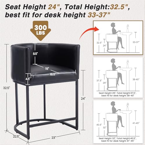 HNY Black Modern Barrel Counter Height Clearance Bar Stools Set of 2, 24 Inch PU Leather Kitchen Barstools with Back for Island, with Black Metal Tubular Frame - color: 24inch Black,black Base