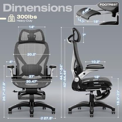 X100 Ergonomic Mesh Office Chair with Footrest, Big and Tall Hone Desk Chair with 5D Flip-Up Arms, Adjustable 3D Lumbar Support,Gaming & Executive Computer Chairs - color: Midnight Mist