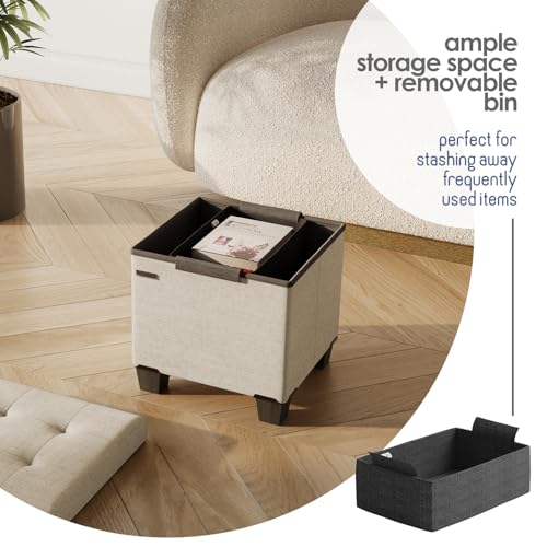 Storage Ottoman Cube with Small Bin, 15-in Square Ottoman with Storage for Living Room and Bedroom, Small Ottomans Foot Rest, Fabric Foot Stools Ottomans Max 330lbs, Beige - color: 08 - Beige
