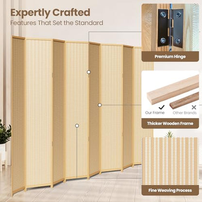 8 Panel Bamboo Room Divider, Folding Privacy Screen, Natural | Pine wood frame, dual-action stainless steel hinges, 5.6FT tall, extends to 126 inches wide, no assembly - color: Natural, size: 8 Panel