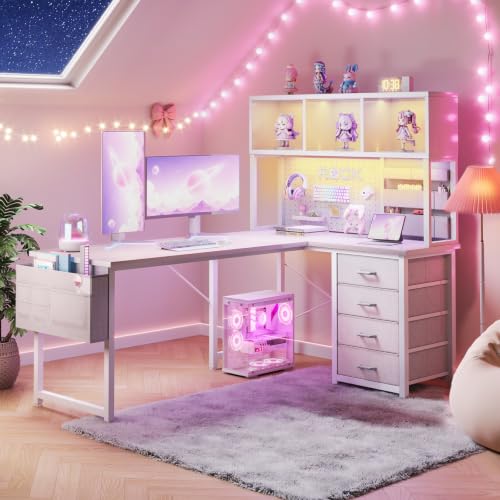 AODK 53" L Shaped Gaming Desk with Pegboard, Hutch & 4 Drawers, White - color: White