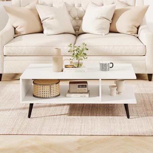 GOFLAME Wood Coffee Table, 2-Tier Mid Century Modern Center Table with 2 Open Storage Compartments & Metal Legs, Rectangular Accent Tea Tables for Living Room, Home Office, Apartment, White - color: White