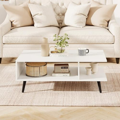 GOFLAME Wood Coffee Table, 2-Tier Mid Century Modern Center Table with 2 Open Storage Compartments & Metal Legs, Rectangular Accent Tea Tables for Living Room, Home Office, Apartment, White - color: White
