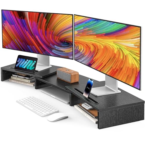AMERIERGO Dual Monitor Stand Riser for 2 Monitors, Monitor Stand for Desk, Adjustable Computer Monitor Stand with 2 Slot, Multifunctional Desktop Organizer Stand for Laptop, PC, Computer, Printer - color: Black