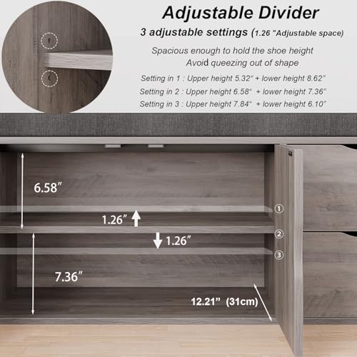 LVB 2-Tier Storage Bench with Padded Cushion, Entryway Bench with 2 Drawers | 2 Barn Doors & Adjustable Shelf, Industrial Style for Foyer, Bedroom, Living Room, Greige, 40 Inch - color: Greige