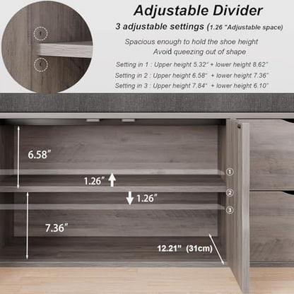 LVB 2-Tier Storage Bench with Padded Cushion, Entryway Bench with 2 Drawers | 2 Barn Doors & Adjustable Shelf, Industrial Style for Foyer, Bedroom, Living Room, Greige, 40 Inch - color: Greige