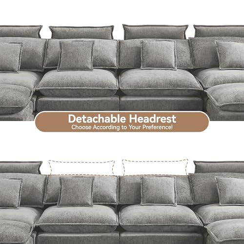 134'' Cloud Modern 4 Seater Couch with Detachable Headrest, Modular Sectional Sofa with 2 Ottoman, Oversized U Shape Chenille Comfy Sofa with Armrests for Living Room, Light Grey - color: Light Grey, size: U Shaped Couch