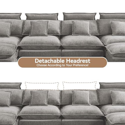 134'' Cloud Modern 4 Seater Couch with Detachable Headrest, Modular Sectional Sofa with 2 Ottoman, Oversized U Shape Chenille Comfy Sofa with Armrests for Living Room, Light Grey - color: Light Grey, size: U Shaped Couch