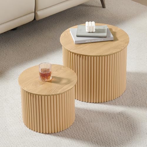 Fluted Round Nesting Coffee Table Set of 2, Small Coffee Table Circle Side Table, Boho Modern Wood Nesting Table Farmhouse End Tables Set for Living Room, Bedroom, Small Spaces(Natural) - color: Wood, size: Small