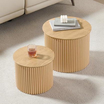 Fluted Round Nesting Coffee Table Set of 2, Small Coffee Table Circle Side Table, Boho Modern Wood Nesting Table Farmhouse End Tables Set for Living Room, Bedroom, Small Spaces(Natural) - color: Wood, size: Small
