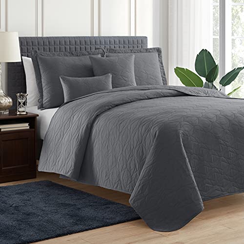Clara Clark Quilts Twin Size - All Season Bedspread Coverlet Set, Pinsonic Weave Lightweight Bedding Set - 5 Piece Twin Quilt Set with Pillow Shams, Ellipse - Gray - color: 14 - Ellipse - Gray, size: Twin