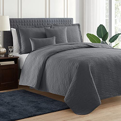 Clara Clark Quilts Twin Size - All Season Bedspread Coverlet Set, Pinsonic Weave Lightweight Bedding Set - 5 Piece Twin Quilt Set with Pillow Shams, Ellipse - Gray - color: 14 - Ellipse - Gray, size: Twin