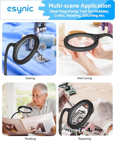 eSynic Desk Table Magnifying Glass with 15 LED Lights-800mAh Rechargeable | 5X & 10X Acrylic Lens-15 LEDs-3-Level Dimmable-Flexible Gooseneck-Clamp & Base Stand – for Reading/Soldering/Crafts/Elderly