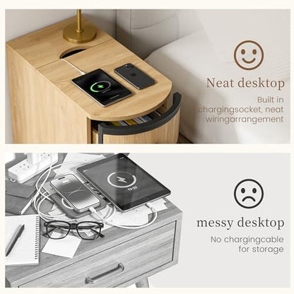 BERRYMERRY Narrow End Table with Charging Station, Modern Slim Nightstand Bedside Table with 3 Drawers for Bedroom Living Room, Natural Wood Grain, 11.81" W x 23.51" D x 23.62" H