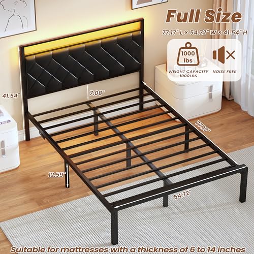 Full Size Bed Frame with Headboard, Modern Metal Bed Frame with LED Lights & Charging Station, PU Leather Upholstered Headboard, All Metal Slats Support, No Boxing Spring Needed, Noise Free, Black - size: Full