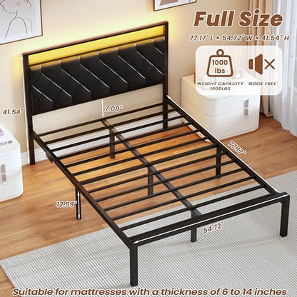 Full Size Bed Frame with Headboard, Modern Metal Bed Frame with LED Lights & Charging Station, PU Leather Upholstered Headboard, All Metal Slats Support, No Boxing Spring Needed, Noise Free, Black - size: Full