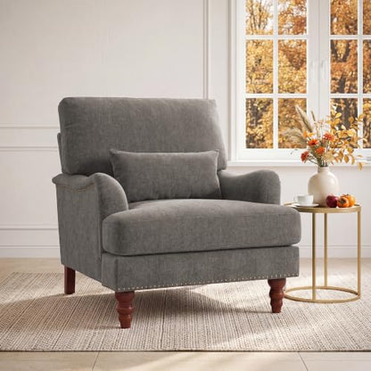 Mid-Century Modern Accent Chair with Lumbar Pillow, Tan, 2 Pack | Upholstered Chenille Armchair, Solid Wood Frame & Legs, Comfy Reading Lounge Sofa for Living Room Bedroom, & Small Spaces - color: Chenille Tan, size: 2 Seat