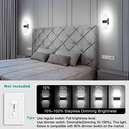 TRLIFE Dimmable Wall Sconces, Modern Wall Sconces Set of 2 Hardwired Wall Mounted Lights 12W 6000K Cool White LED Wall Sconce Lighting for Bedroom Bedside Living Room Bathroom Stairway(2 Pack, Black) - color: Cool White, size: Black Brushed Aluminum