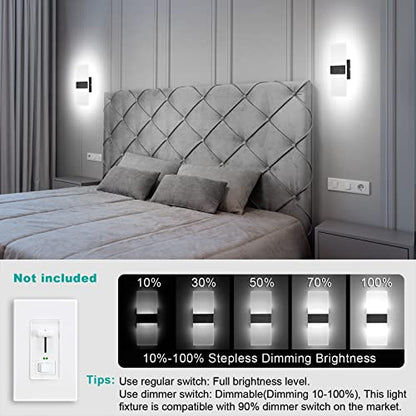 TRLIFE Dimmable Wall Sconces, Modern Wall Sconces Set of 2 Hardwired Wall Mounted Lights 12W 6000K Cool White LED Wall Sconce Lighting for Bedroom Bedside Living Room Bathroom Stairway(2 Pack, Black) - color: Cool White, size: Black Brushed Aluminum