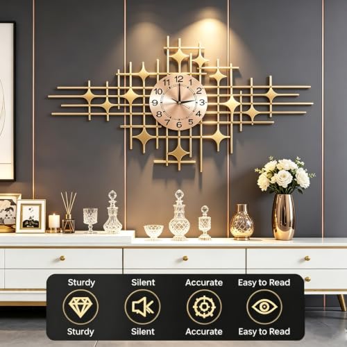 Gold Large Decorative Wall Clock, Modern Metal Wall Clock with Four-Pointed Star Design, Silent Non-Ticking Battery Operated Wall Art for Living Room Bedroom Office Home Decor