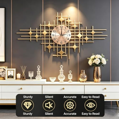Gold Large Decorative Wall Clock, Modern Metal Wall Clock with Four-Pointed Star Design, Silent Non-Ticking Battery Operated Wall Art for Living Room Bedroom Office Home Decor