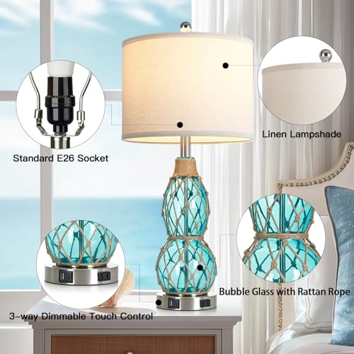Rinweey 26" Coastal Glass Table Bedside Lamps Set of 2, 3-Way Dimmable Touch Lamps with USB Ports and AC Outlet, Nautical Nightstand Lamps for Bedroom Living Room,Teal - color: Teal